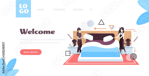 women maids setting up pillows making the bed female janitors in uniform cleaning service concept modern hotel bedroom full length sketch horizontal copy space vector illustration