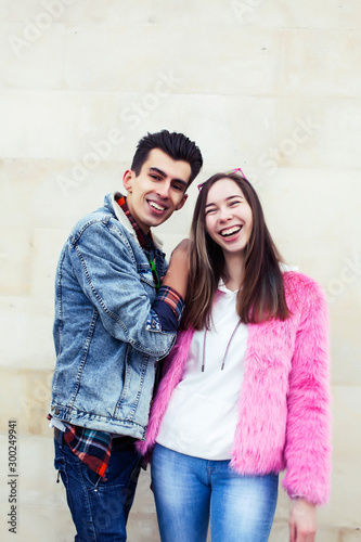 young happy students teenagers at university building, lifestyle people concept boy and girl © iordani