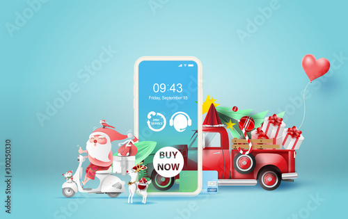 illustration of smartphone with Online delivery service application concept.Summer Christmas season.Paper cut and craft.Graphic Santa Claus riding a motorcycle and car truck transport gift Vector