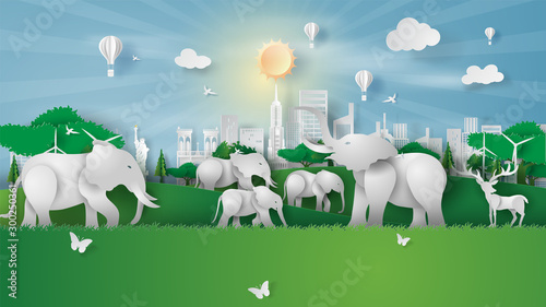 Animal wildlife in green park landmarks at New York City America.Creative Paper cut and craft style.Elephants and deer in forest.Graphic Eco environment day concept for poster.vector illustration