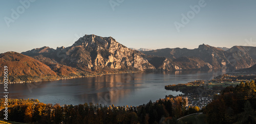 panoramic view over a beautiful lake in austria, Traunsee austria image during autumn and sunset