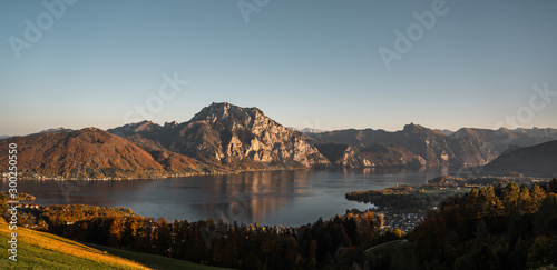 panoramic view over a beautiful lake in austria, Traunsee austria image during autumn and sunset