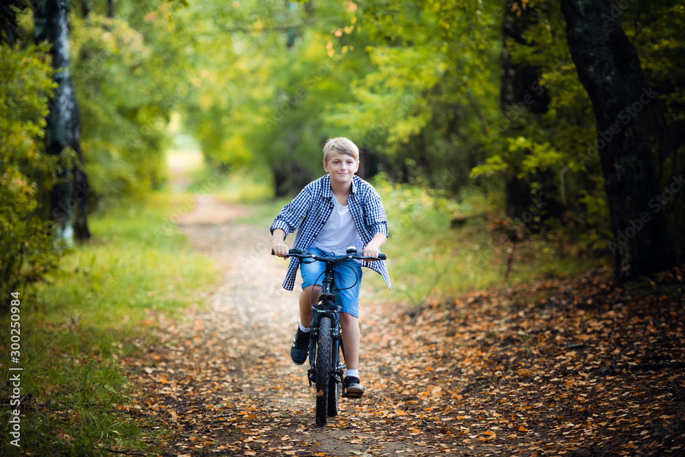 Obraz premium Boy in countryside riding bike in summer park smiling at camera