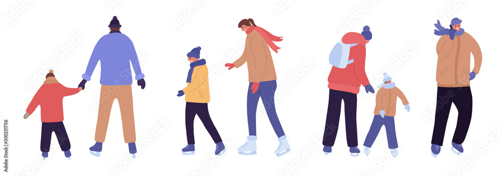 Family on winter vacation. Happy people dressed in outerwear skating in the Park. Flat cartoon characters wearing winter clothing. Vector illustration. People ice skating
