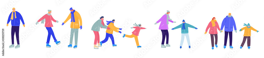 Crowd of people dressed in outerwear isolated on white background. Winter sport scene. Flat cartoon characters wearing winter clothing. Vector illustration. People ice skating