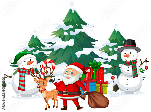 Santa and snowman with many presents