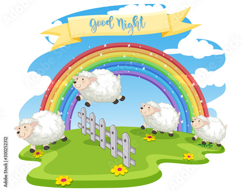 Background scene of sheeps jumping over the fence