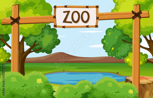 Background scene of zoo park with pond in the field