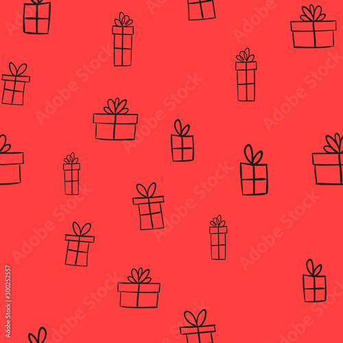 Gift box doodles seamless pattern. Christmas present background texture.