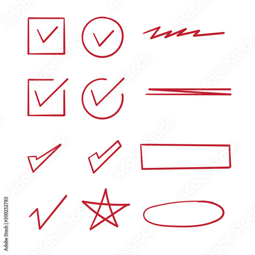 hand drawn check mark, wrong mark, underline,star with hand drawn doodle line art style vector isolated on white background
