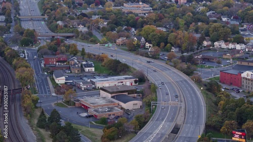 Rochester New York Aerial v36 Freeway and transportation cityscape at sunrise - October 2017 photo