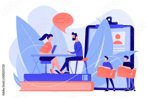 HR specialist having an interview with job applicant and candiadates waiting. Job interview, employment process, choosing a candidate concept. Pink coral blue vector isolated illustration