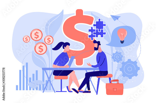 Salesperson suggesting a solution idea to consumers problem. Consultative sales, customer-oriented selling, trendy sales method concept. Pink coral blue vector isolated illustration photo