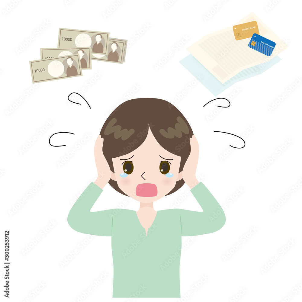 Illustration of a woman crying on a credit card bill and a scatter.