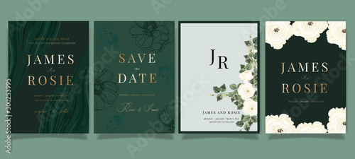 Mix Emerald green Luxury Wedding Invitation, floral invite thank you, rsvp modern card Design in white rose and peony with  leaf greenery  branches decorative Vector elegant rustic template