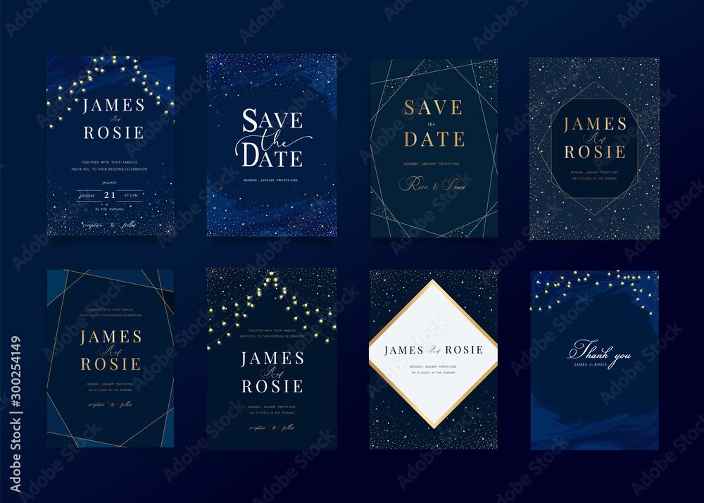 © babeer - set of navy Blue Universe Wedding Invitation, universe invite thank you, rsvp modern card Design in little star light in the sky, space Vector elegant rustic template © babeer - set of navy Blue Universe Wedding Invitation, universe invite thank you, rsvp modern card Design in little star light in the sky, space Vector elegant rustic template