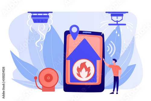 Flame in house remote notification. Smart home, high tech. Fire alarm system, fire prevention methods, smoke and fire alarm concept. Pinkish coral bluevector isolated illustration