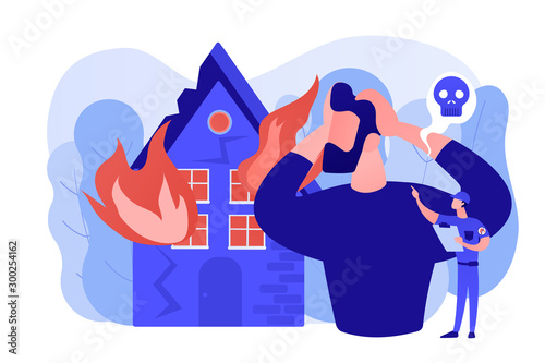 Demolished house in flame, natural disaster. Uninsured burnt property damages. Fire consequences, fire hazards losses, fire victims found concept. Pinkish coral bluevector isolated illustration