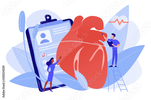 Doctor with stethoscope listening to huge heart beat. Ischemic heart disease, heart disease and coronary artery disease concept on white background. Pinkish coral bluevector vector isolated photo