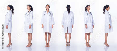 Professional Asian Beautiful Doctor Nurse woman in labcoat uniform hair stethoscope smiles, stands and walks in Medical hospital, studio lighting white background, collage group pack full length 360