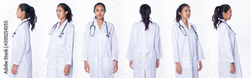 Professional Asian Beautiful Doctor Nurse woman in labcoat uniform hair stethoscope smiles, stands and walks in Medical hospital, studio lighting white background, collage group pack portrait 360