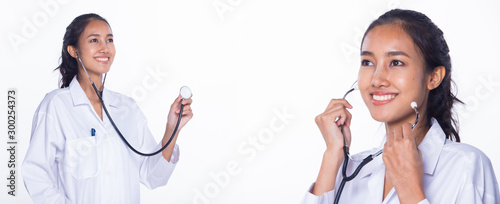 Professional Asian Beautiful Doctor Nurse woman in labcoat uniform hair stethoscope smiles, stands and walks in Medical hospital, studio lighting white background, collage group pack portrait 360 photo