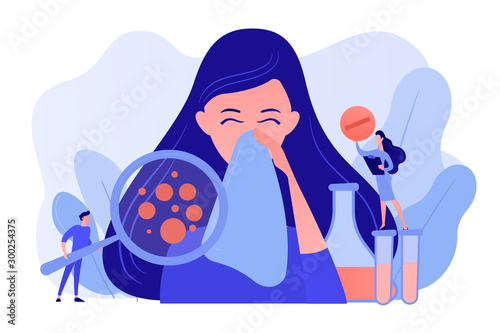 Female patient sneezing, taking a pill from doctor and allergen under magnifier. Allergic diseases, allergy reaction, antihistamines therapy concept. Pinkish coral bluevector vector isolated photo