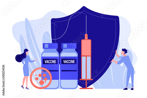 Tiny people doctors and syringe with vaccine, shield. Vaccination program, disease immunization vaccine, medical health protection concept. Pinkish coral bluevector vector isolated illustration