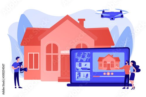 Couple watching house tour. Professional aerial property video. Real estate video tour, real estate marketing, real estate drone video concept. Pinkish coral bluevector isolated illustration