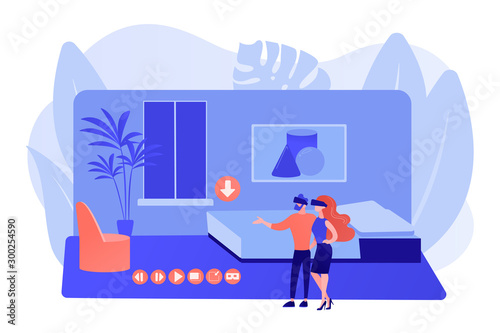 Couple in VR glasses. Property virtual reality simulation. Real estate virtual tour, VR virtual house tour, virtual tours creating services concept. Pinkish coral bluevector isolated illustration