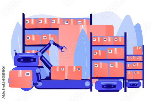Storehouse automatic packages loading technology. Warehousing robotization, warehouse robotics engineering, self-driving forklifts concept. Pinkish coral bluevector isolated illustration