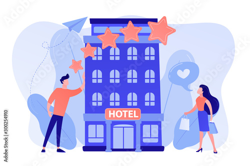 Business people with rating stars like the stylish boutique hotel. Boutique hotel, ultra-personalized service, high-end residential concept. Pinkish coral bluevector isolated illustration