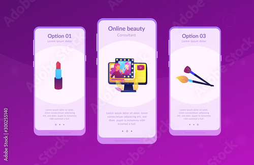 Female user watches beauty blogger showing latest trend makeup tutorial. Beauty blogger, beauty blog production, online beauty consultant concept. Mobile UI UX GUI template, app interface wireframe
