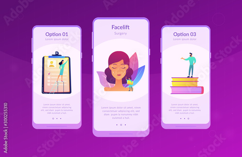 Plastic surgeons working on facelift surgery for woman face with wrinkles. Face lifting, rhytidectomy procedure, facelift surgery concept. Mobile UI UX GUI template, app interface wireframe