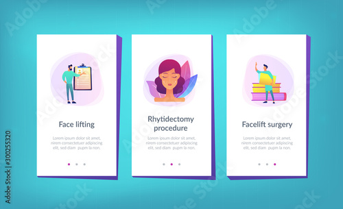 Plastic surgeons working on facelift surgery for woman face with wrinkles. Face lifting, rhytidectomy procedure, facelift surgery concept. Mobile UI UX GUI template, app interface wireframe