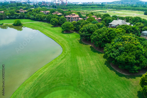 Fototapeta Naklejka Na Ścianę i Meble -  Aerial view of a beautiful green golf course.high angle view.