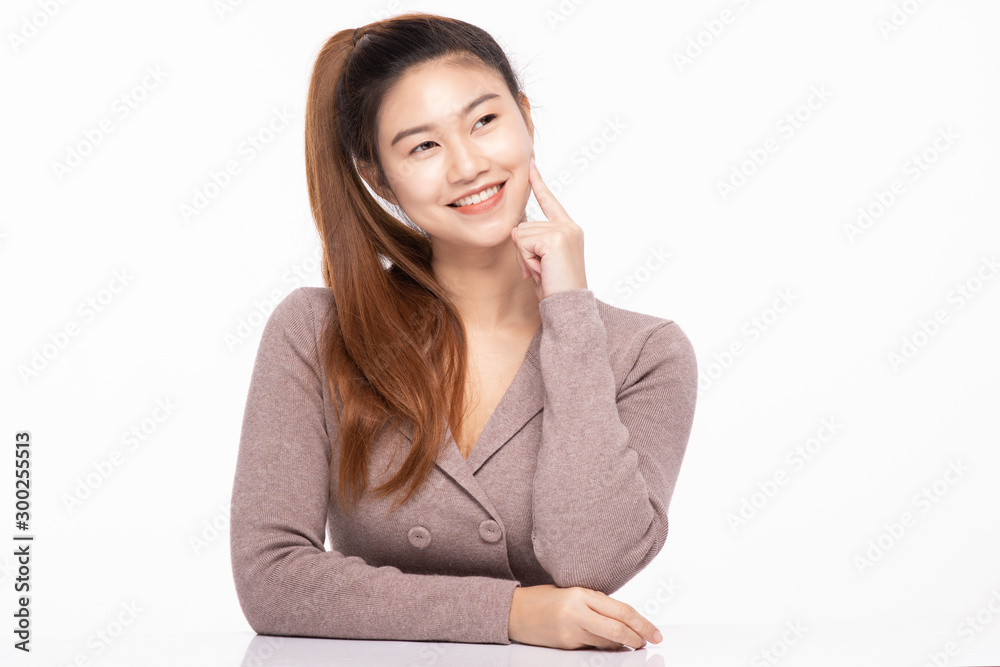 beautiful business Asian woman smile thinking to get ideas and business plan with happiness and confident feeling,Isolated on white,Positive emotional,Business Concept beautiful business Asian woman smile thinking to get ideas and business plan with happiness and confident feeling,Isolated on white,Positive emotional,Business Concept