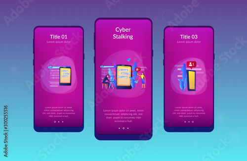 Stalker with laptop controls and intimidates the victim with messages. Cyberstalking, pursuit of social identity, online false accusations concept. Mobile UI UX GUI template, app interface wireframe