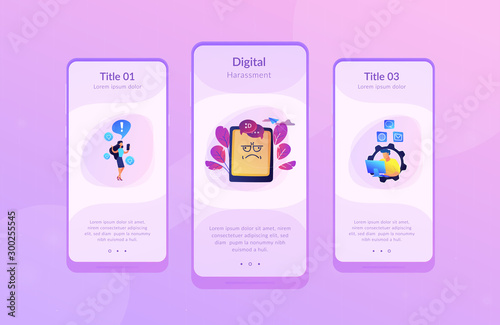 Internet troll quarreling and upsetting user online and tablet with troll face. Internet trolling, digital harassment, internet behaviour concept. Mobile UI UX GUI template, app interface wireframe