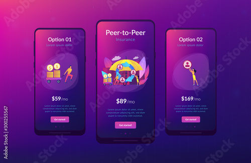 Individuals pool their premiums together to insure against a risk. Peer-to-Peer insurance, P2P collaborative risk, new social insurance concept. Mobile UI UX GUI template, app interface wireframe