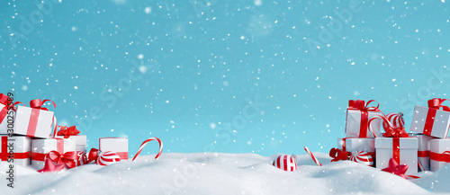 Christmas decorations with gift boxes on snowy background. 3d rendering