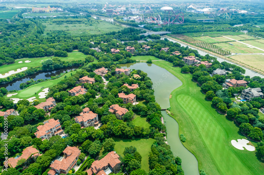 Aerial view of a beautiful green golf course.high angle view.