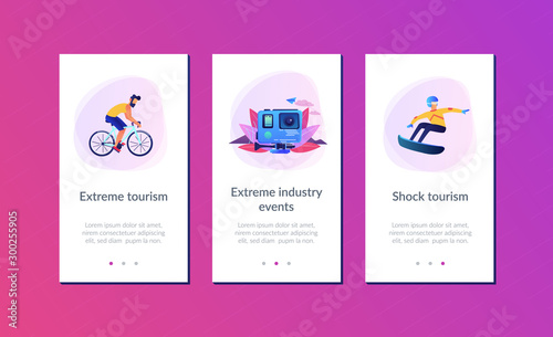 Extreme sportsmen riding a bike and snowboarding, participating in dangerous event. Extreme tourism, shock tourism, extreme industry events concept. Mobile UI UX GUI template, app interface wireframe