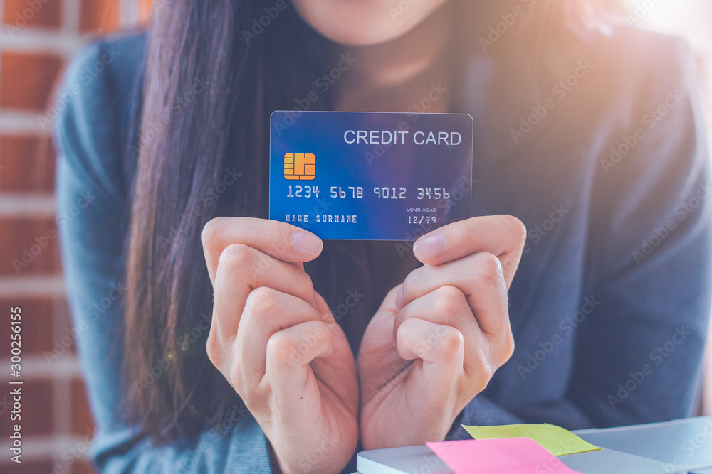 Business women are carrying credit cards and using laptop computers to order products online.