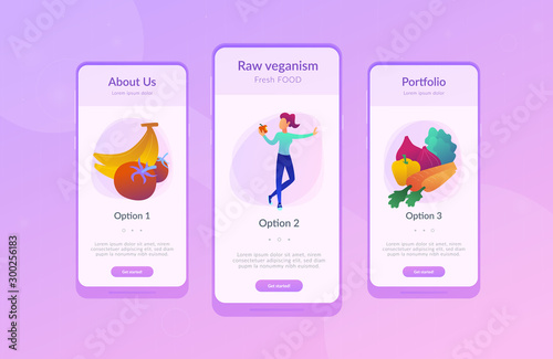 White woman among fruits, vegetables and mushrooms. Vegan raw food landing page. Raw veganism, foodism, fruitarianism, juicearianism and sproutarianism. Mobile UI UX app interface template.