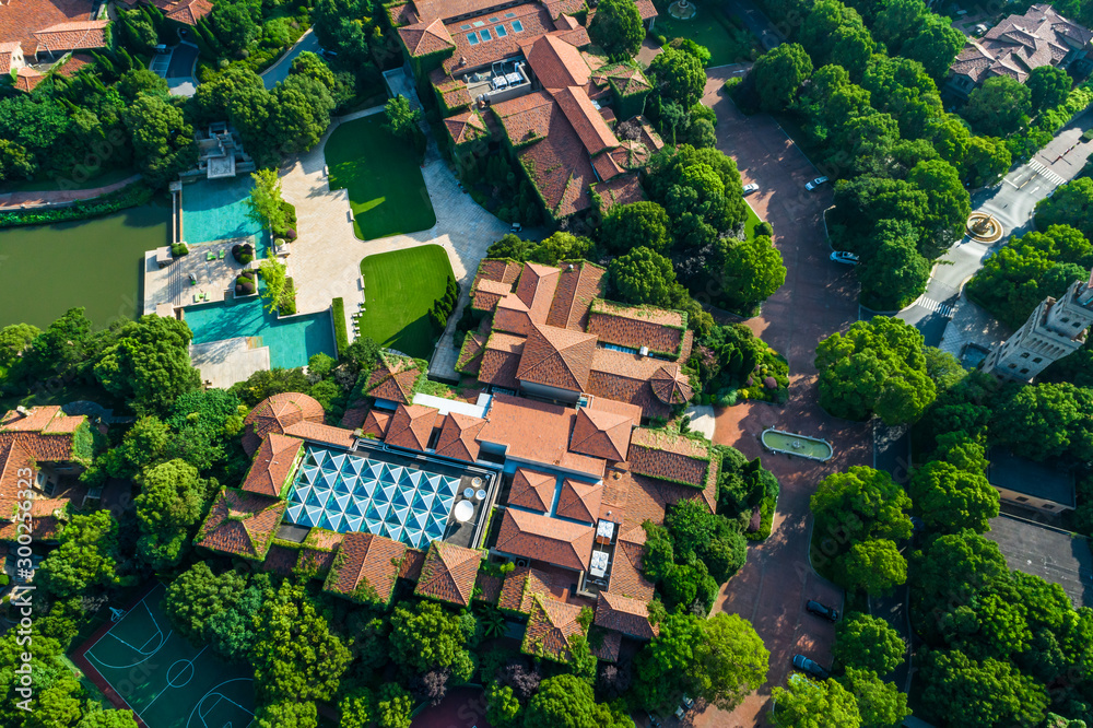 Fototapeta premium Aerial view of a beautiful green golf course.high angle view.