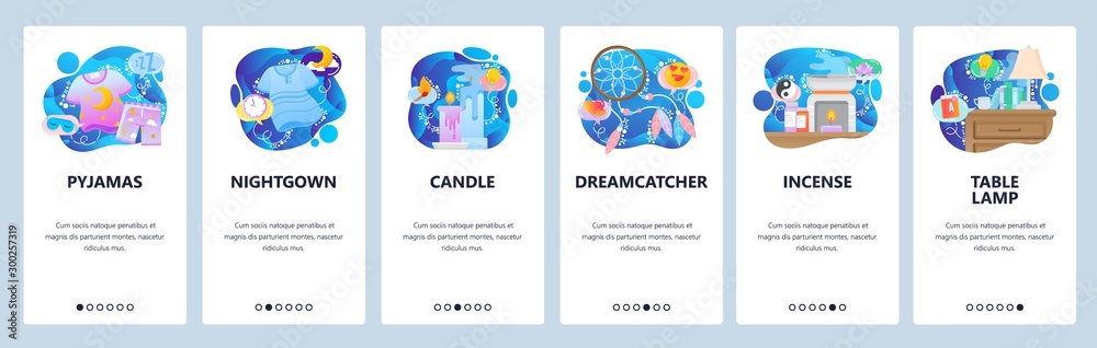 Mobile app onboarding screens. Night sleeping icons, dreamcatcher, candle, pyjamas. Menu vector banner template for website and mobile development. Web site design flat illustration Mobile app onboarding screens. Night sleeping icons, dreamcatcher, candle, pyjamas. Menu vector banner template for website and mobile development. Web site design flat illustration