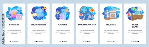 Mobile app onboarding screens. Night sleeping icons, dreamcatcher, candle, pyjamas. Menu vector banner template for website and mobile development. Web site design flat illustration