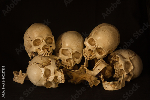 pile of skull, on black background, Still Life style