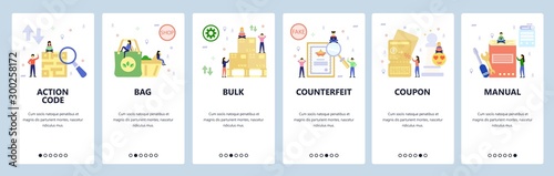 Mobile app onboarding screens. Guidebook  QR code  warehouse  fake certificate. Menu vector banner template for website and mobile development. Web site design flat illustration